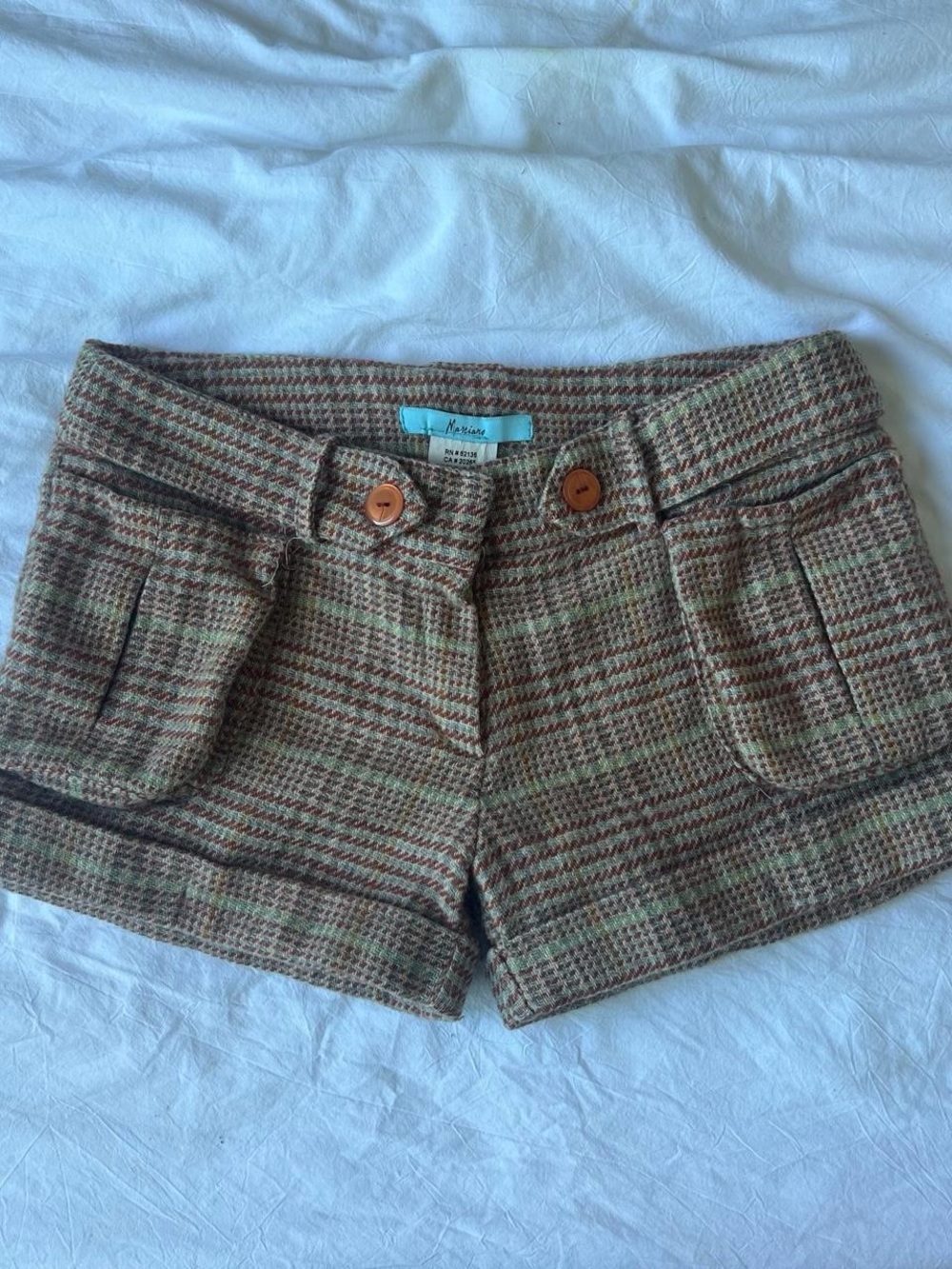 Marciano Wool Plaid Womenโs Shorts in Brown and Green